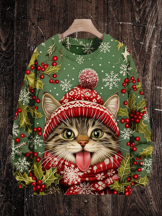 Christmas Funny Cat Art Print Unisex Crew Neck Long Sleeve Knitted Sweater