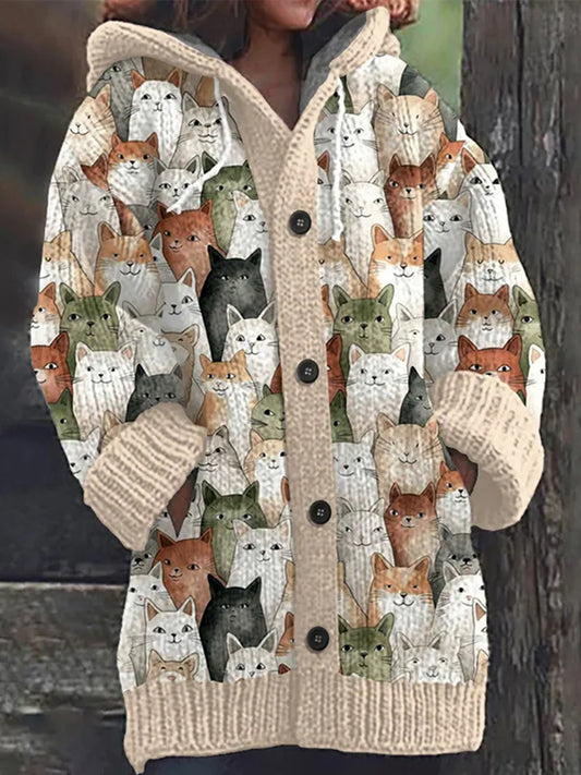 Women's Cute Cat Pattern Knitted Casual Warm Hooded Cardigan