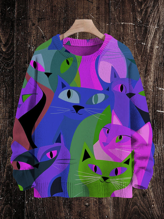 Abstract Geometric Cat Art Print Unisex Crew Neck Long Sleeve Knit Sweater