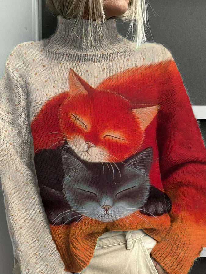 Women's Two Contrasting Color Cats Fun Pattern Warm Casual Turtleneck Sweater