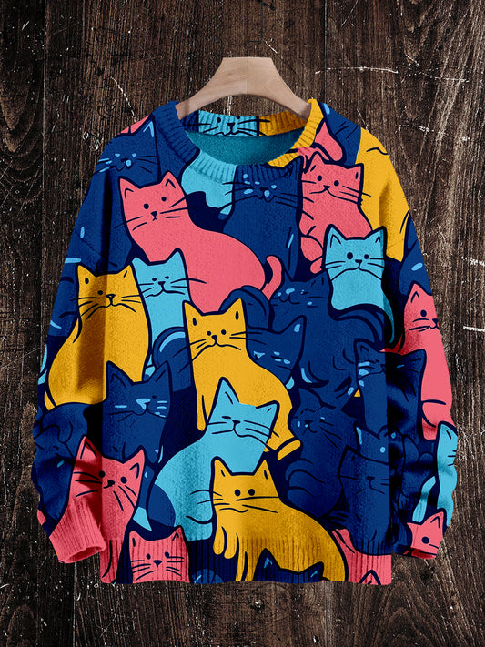 Cat Art Print Unisex Crew Neck Long Sleeve Knit Sweater