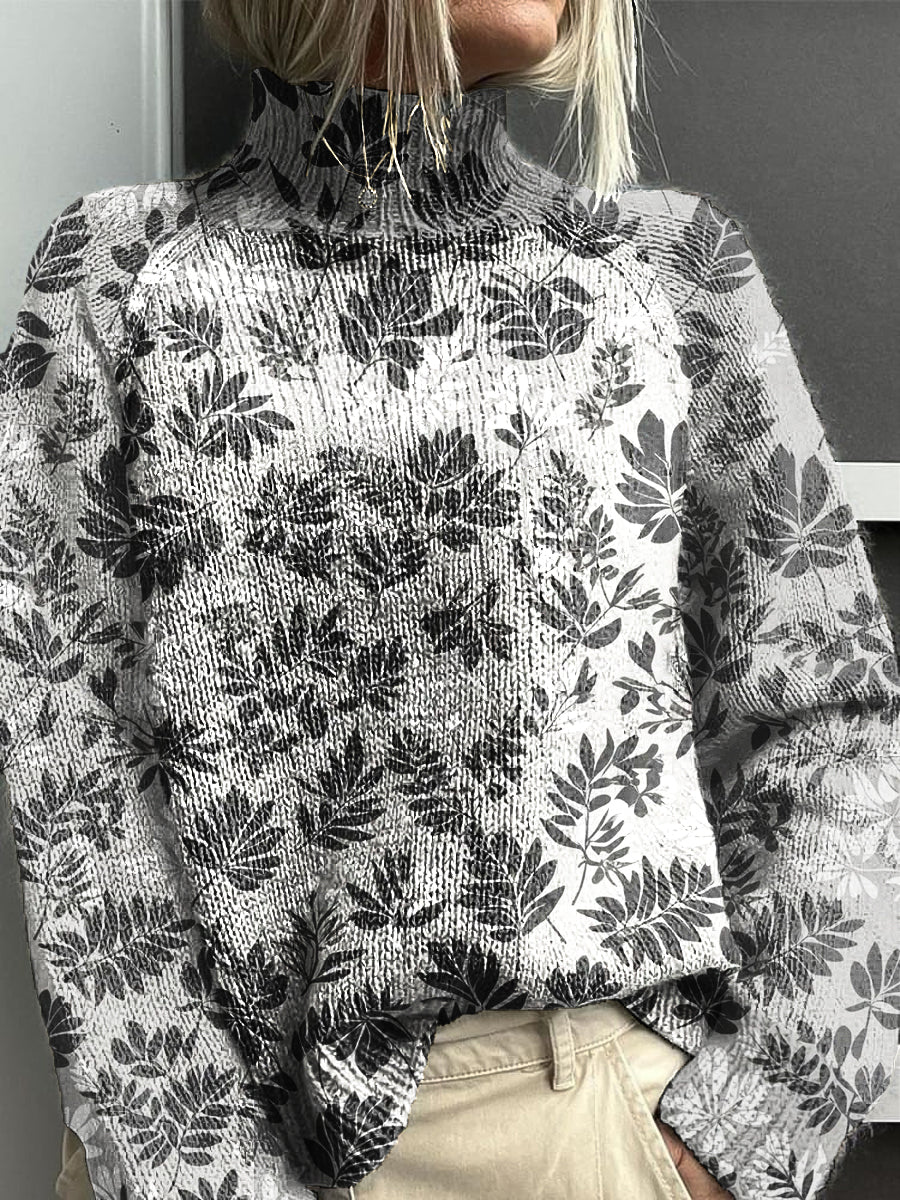 Women's Vintage Botanical Art Print Knitted Turtleneck Sweater