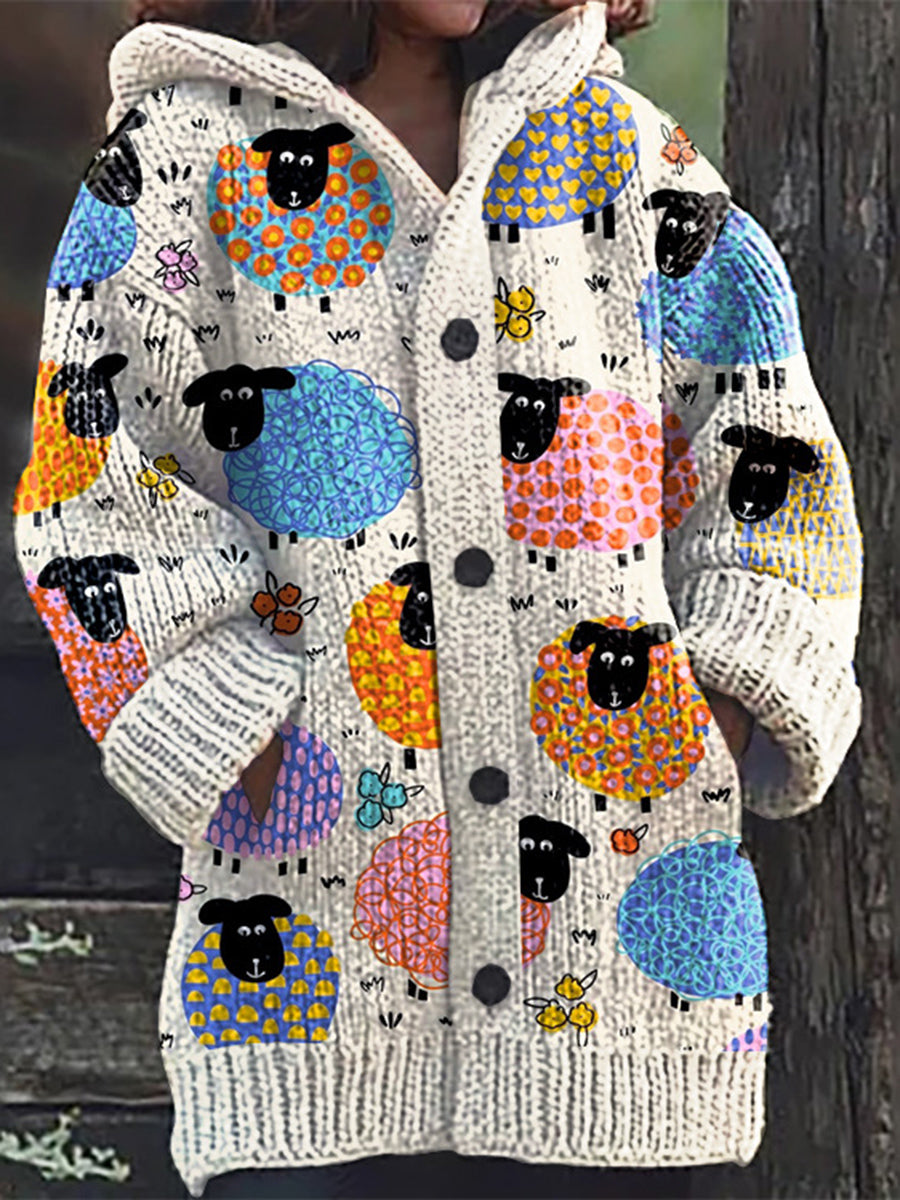 Women's Cute Sheep Pattern Knitted Casual Warm Hooded Cardigan