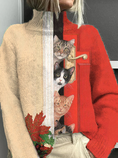 Women's Open Door Cat Fun Pattern Warm Casual Turtleneck Sweater