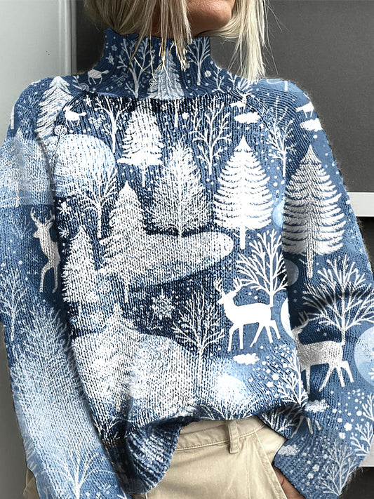 Women's Snow Forest White Deer Art Print Knitted Turtleneck Sweater