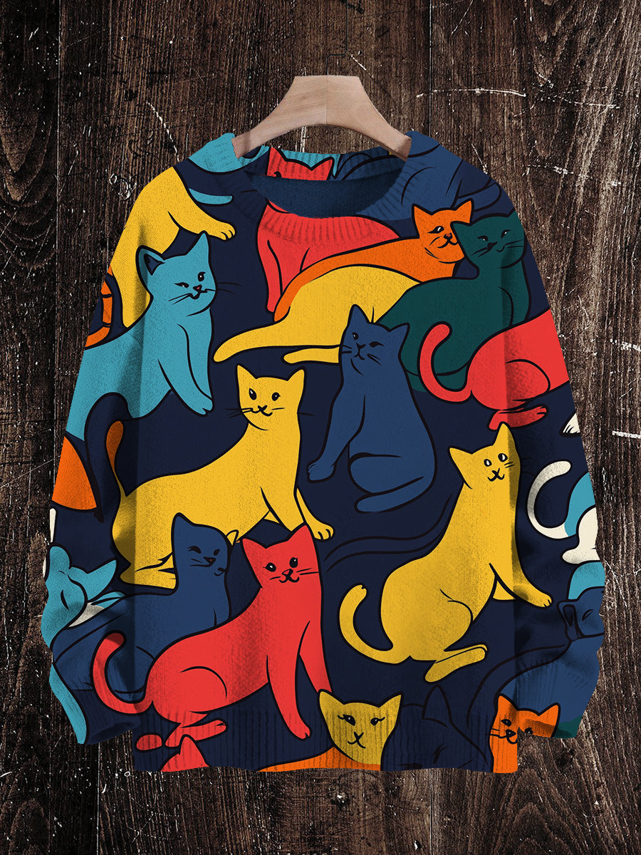 Cat Art Print Unisex Crew Neck Long Sleeve Knit Sweater