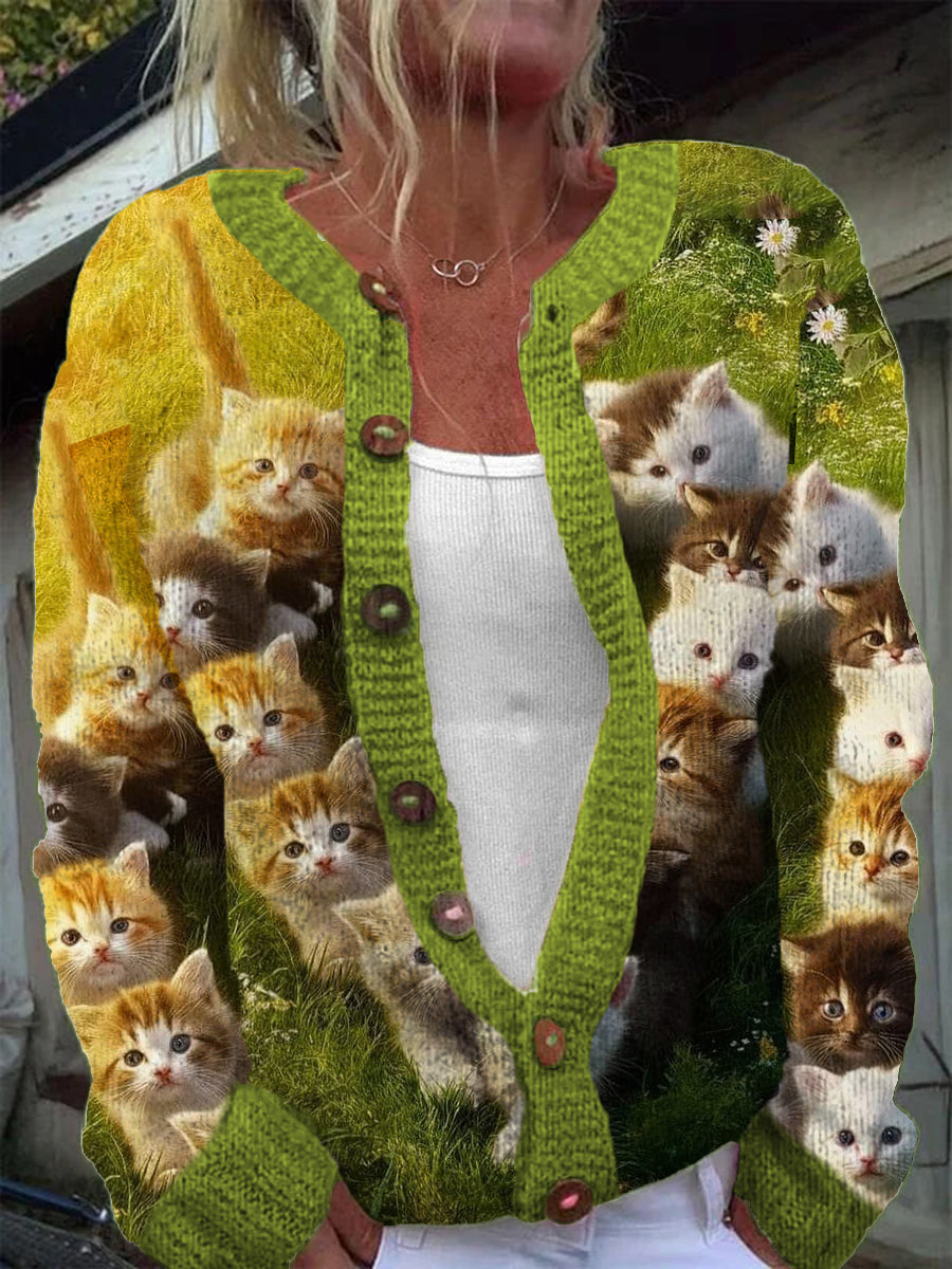 Women's Cute Cat Pattern Knitted Casual Warm Button Cardigan