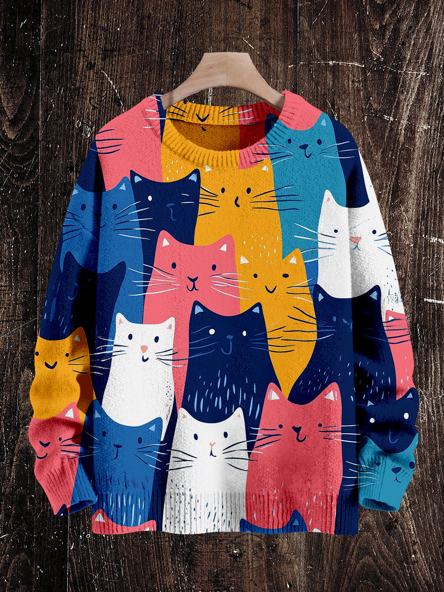 Cat Art Print Unisex Crew Neck Long Sleeve Knit Sweater