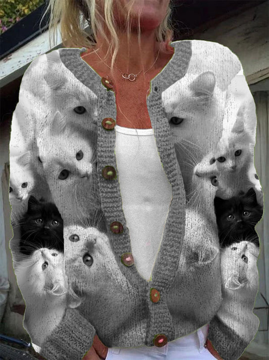 Women's Cute Cat Pattern Knitted Casual Warm Button Cardigan