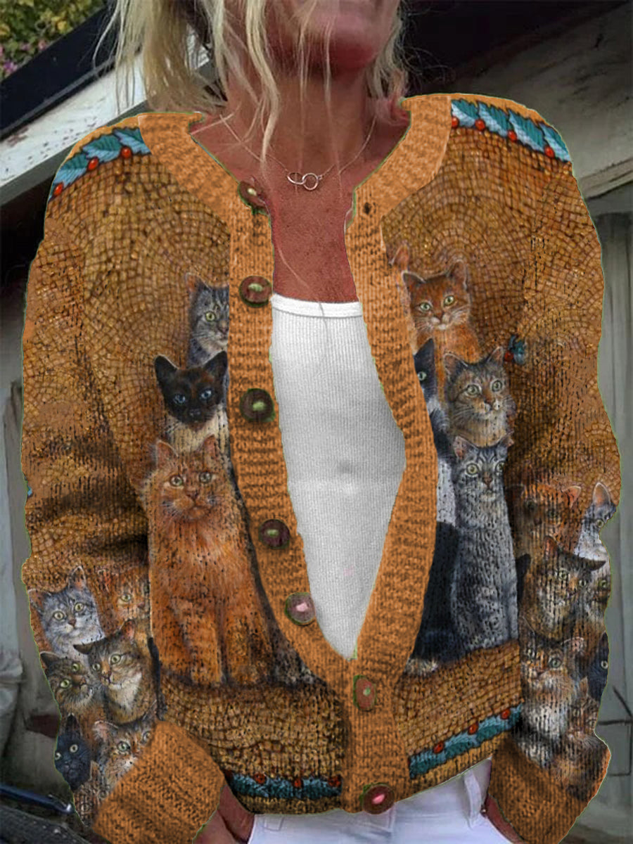 Women's Cute Cat Pattern Knitted Casual Warm Button Cardigan