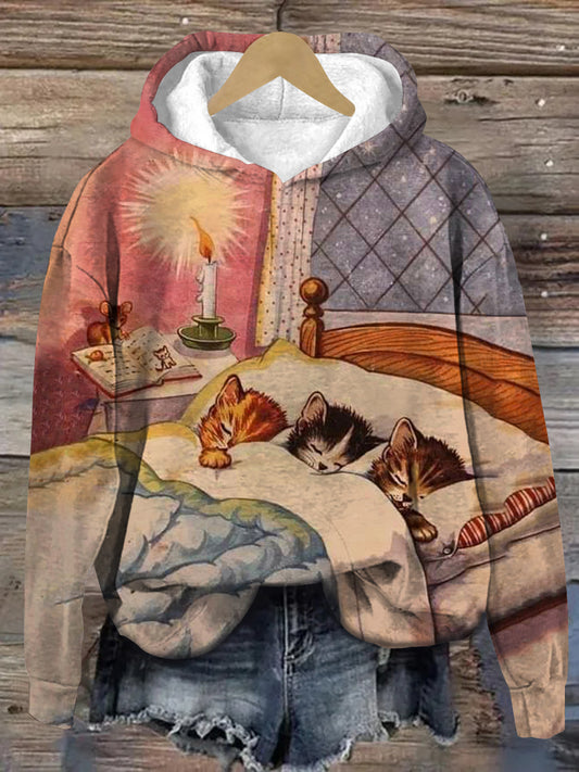 Cat Art Print Unisex Long Sleeve Casual Hooded Sweatshirt