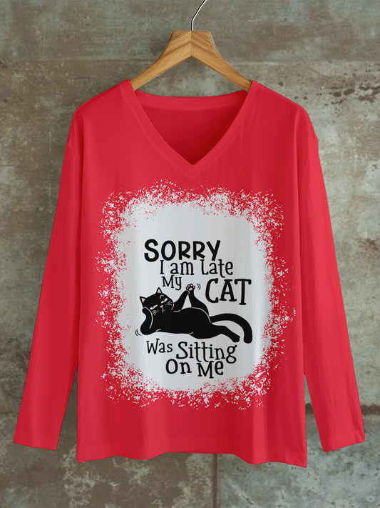 Sorry I'm late My cat is sitting on me Printed Unisex V-neck Long Sleeve Casual T-shirt