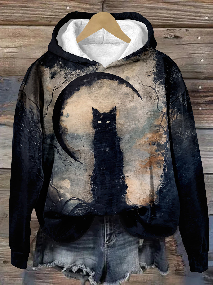 Black Cat Art Print Unisex Long Sleeve Casual Hooded Sweatshirt