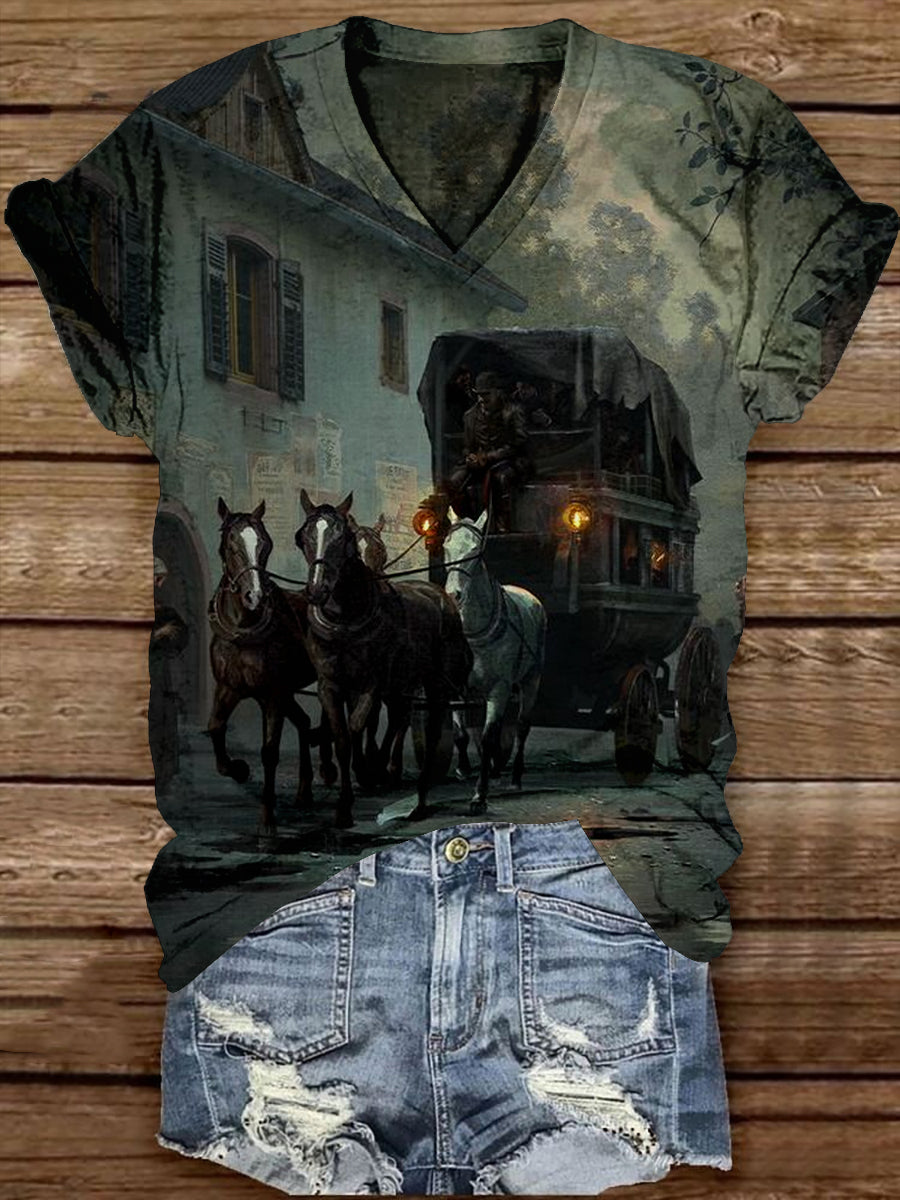 Vintage Horse and Carriage Print Unisex V-Neck Short Sleeve T-Shirt