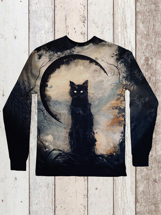 Black Cat Art Print Unisex Crew Neck Long Sleeve Casual T-Shirt