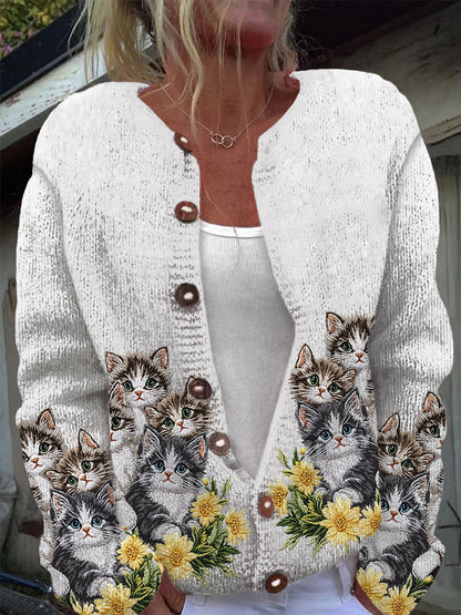 Cute Cat Print Casual Long Sleeve Knit Cardigan