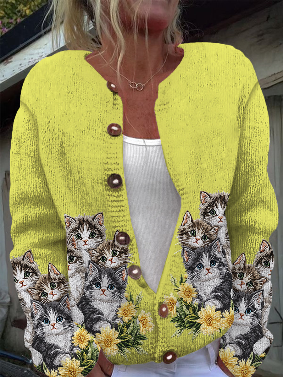 Cute Cat Print Casual Long Sleeve Knit Cardigan