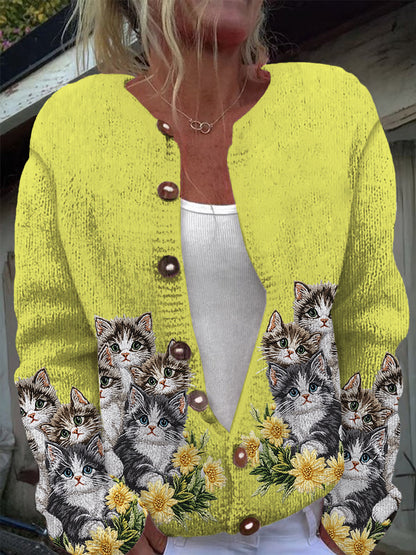 Cute Cat Print Casual Long Sleeve Knit Cardigan