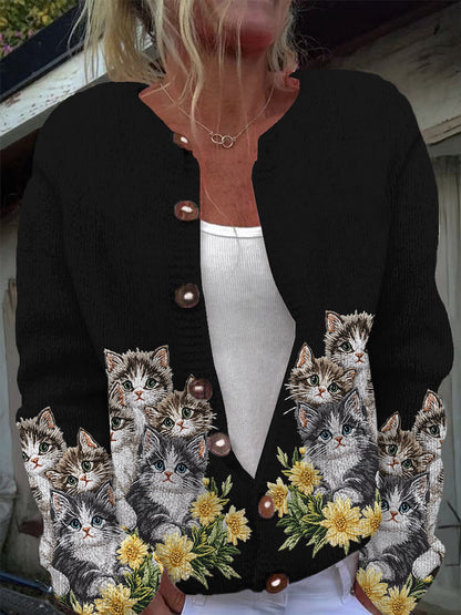 Cute Cat Print Casual Long Sleeve Knit Cardigan