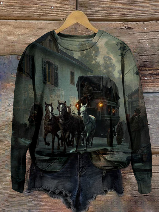 Vintage Horse and Carriage Print Unisex Crew Neck Long Sleeve Casual Sweatshirt