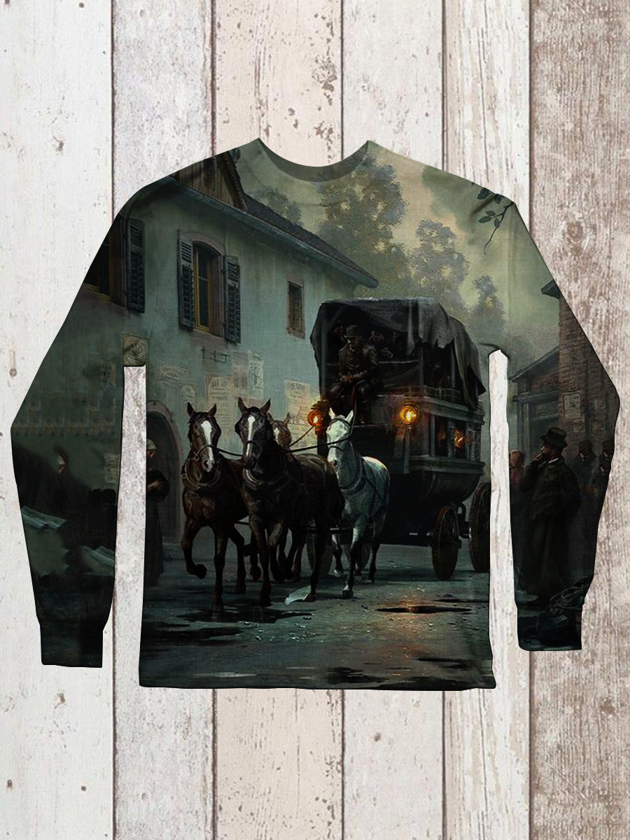 Vintage Horse and Carriage Print Unisex Crew Neck Long Sleeve T-Shirt