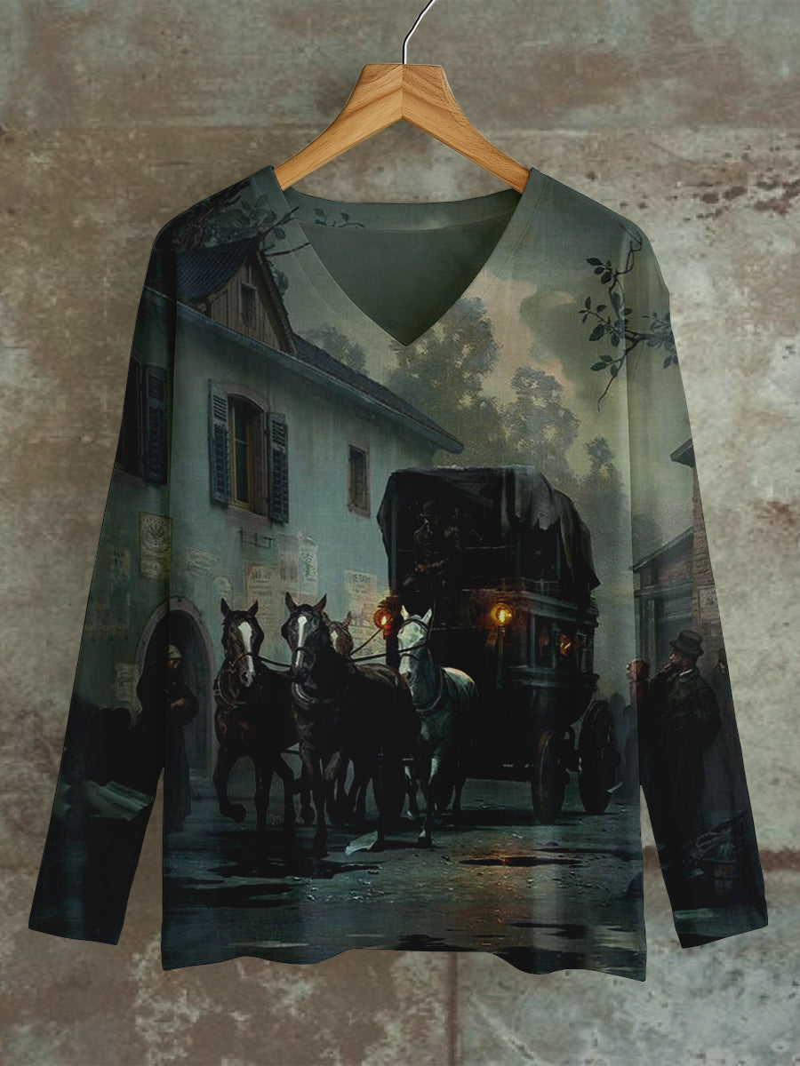 Vintage Horse and Carriage Print Unisex V-Neck Long Sleeve T-Shirt