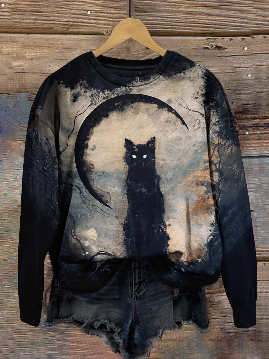 Black Cat Art Print Unisex Long Sleeve Crewneck Casual Sweatshirt