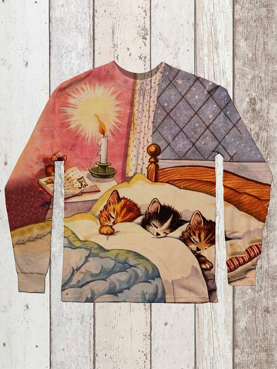 Cat Art Print Unisex Crew Neck Long Sleeve Casual T-Shirt