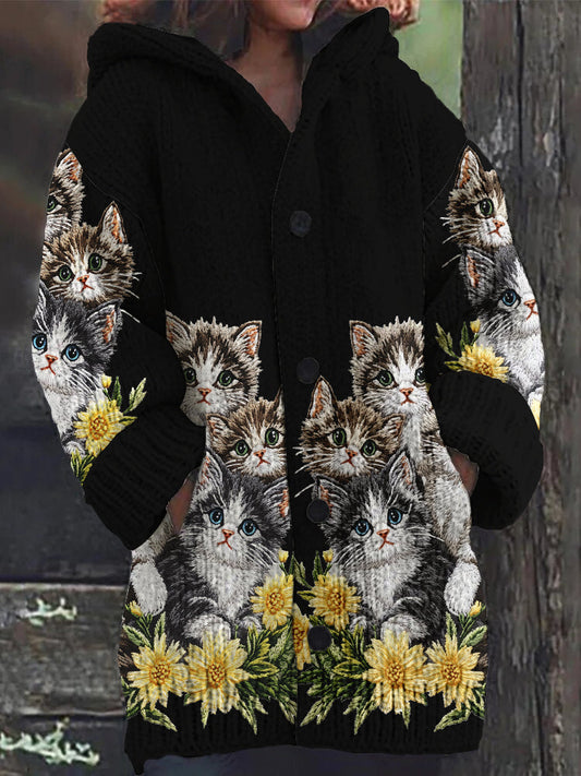 Cute Cat Print Button Thick Long Hooded Cardigan Sweater