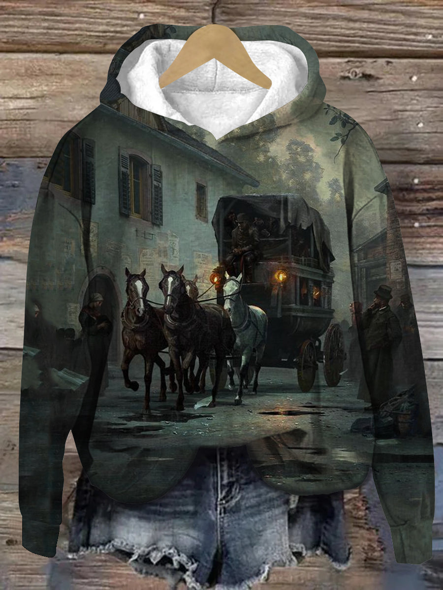 Vintage Horse and Carriage Print Unisex Long Sleeve Casual Hooded Sweatshirt