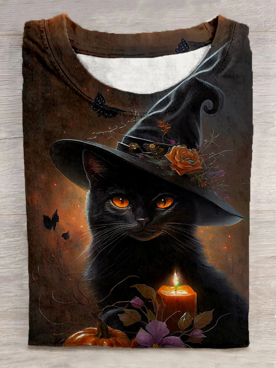 Unisex Cat Witch Art Pattern Crew Neck Short Sleeve Casual T-shirt