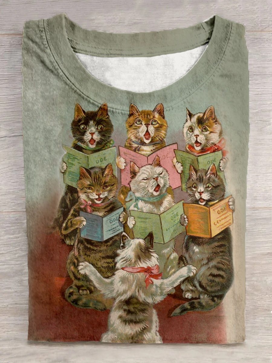 Unisex Fun Cat Choir Pattern Round Neck Short Sleeve Casual T-Shirt