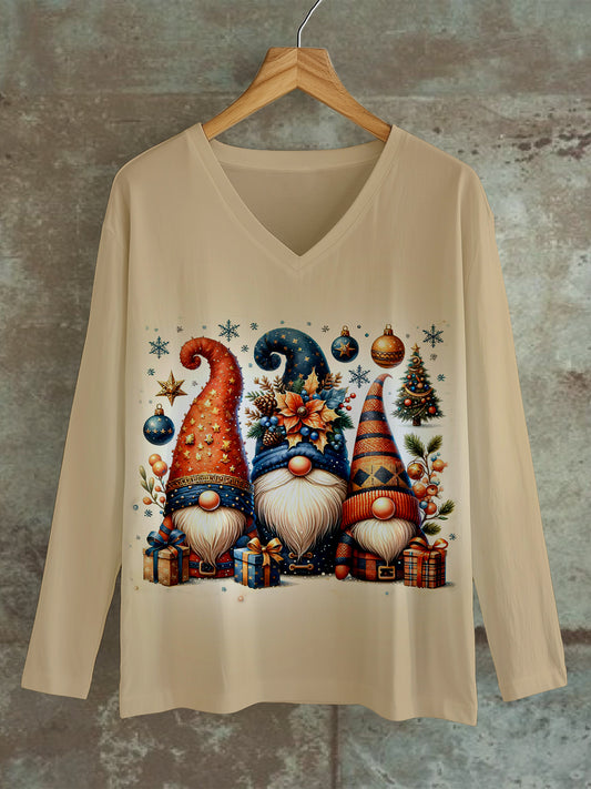 Christmas Gnome Vintage Print Unisex V-Neck Long Sleeve Casual T-Shirt