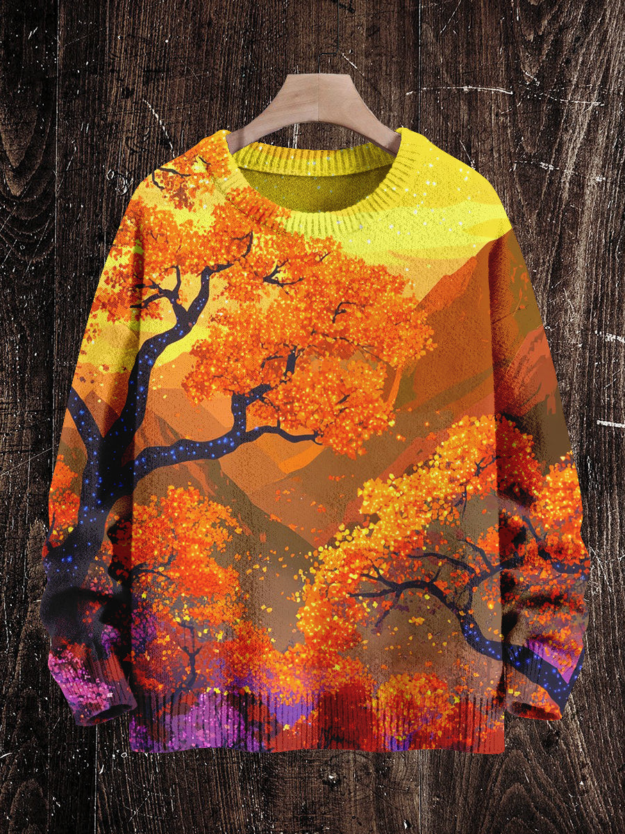 Autumn Maple Leaf Landscape Print Unisex Crew Neck Long Sleeve Knit Sweater