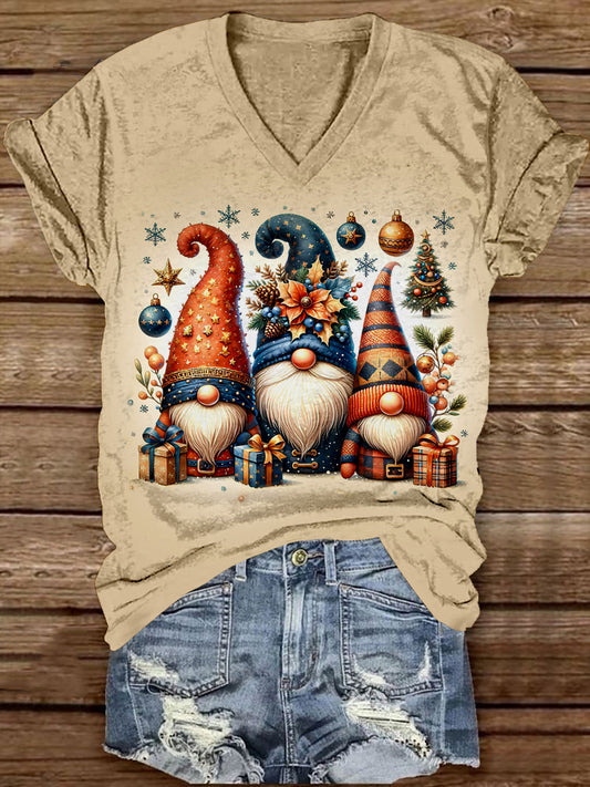 Christmas Gnome Vintage Print Unisex V-Neck Short Sleeve Casual T-Shirt