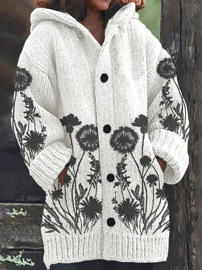 Dandelion Vintage Print Button Thick Long Hooded Cardigan