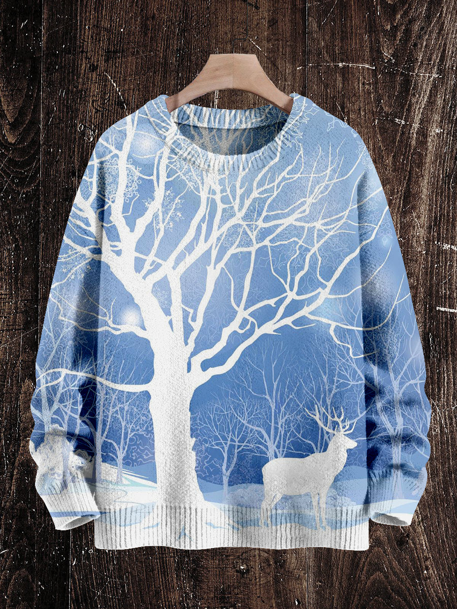 Deer Winter Snow Scenery Print Unisex Crew Neck Long Sleeve Knit Sweater