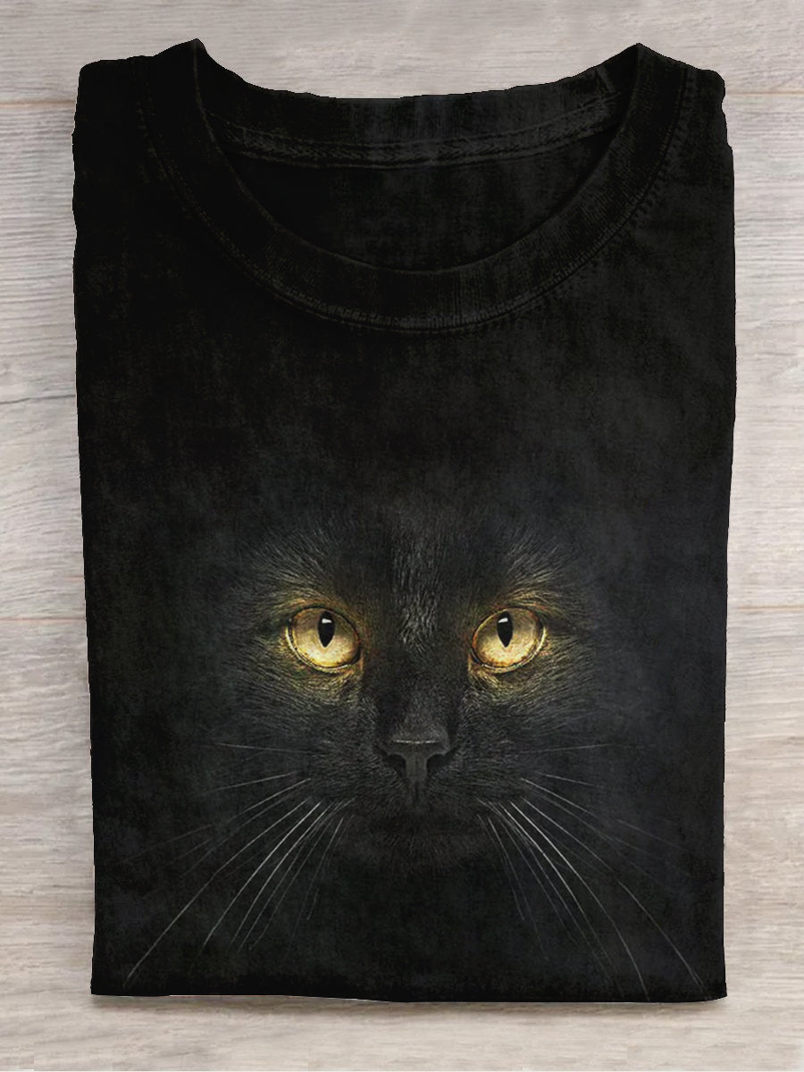 Black Cat Art Print Unisex Crew Neck Short Sleeve Casual T-Shirt