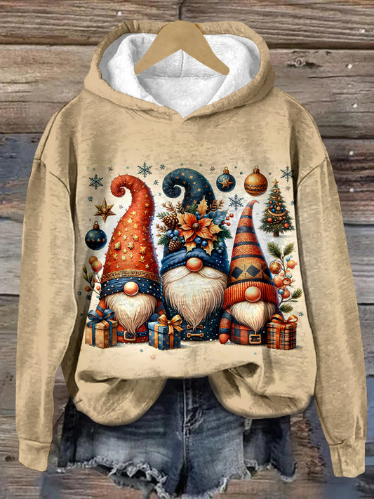 Christmas Gnome Vintage Print Unisex Long Sleeve Casual Hooded Sweatshirt