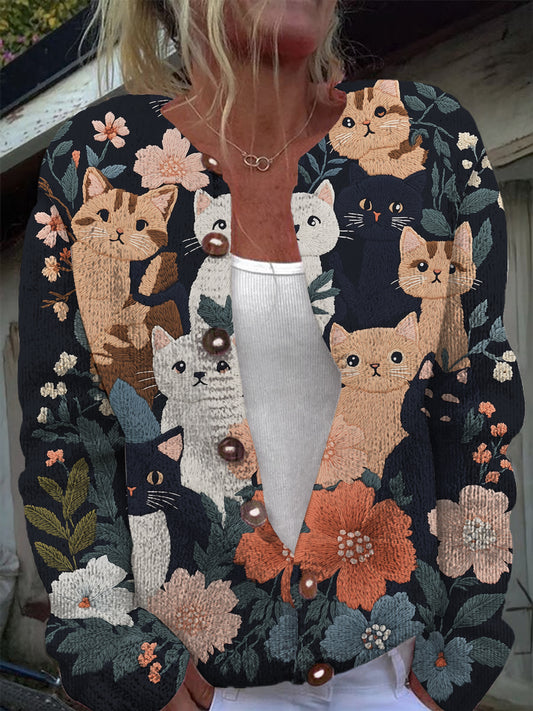 Cute Cat Print Casual Long Sleeve Knit Cardigan