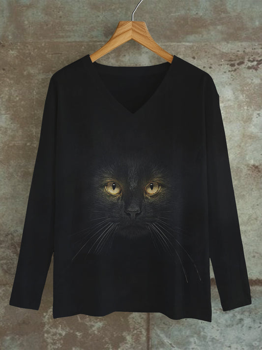 Black Cat Art Print Unisex V-Neck Long Sleeve Casual T-Shirt