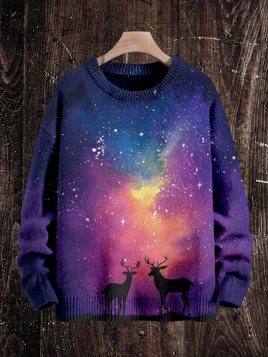 Deer Starry Sky Landscape Print Unisex Crew Neck Long Sleeve Knit Sweater