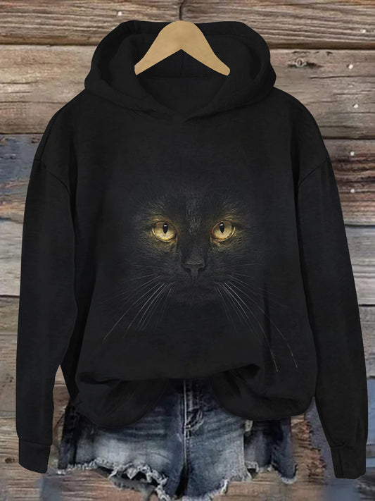 Black Cat Art Print Unisex Long Sleeve Casual Hooded Sweatshirt