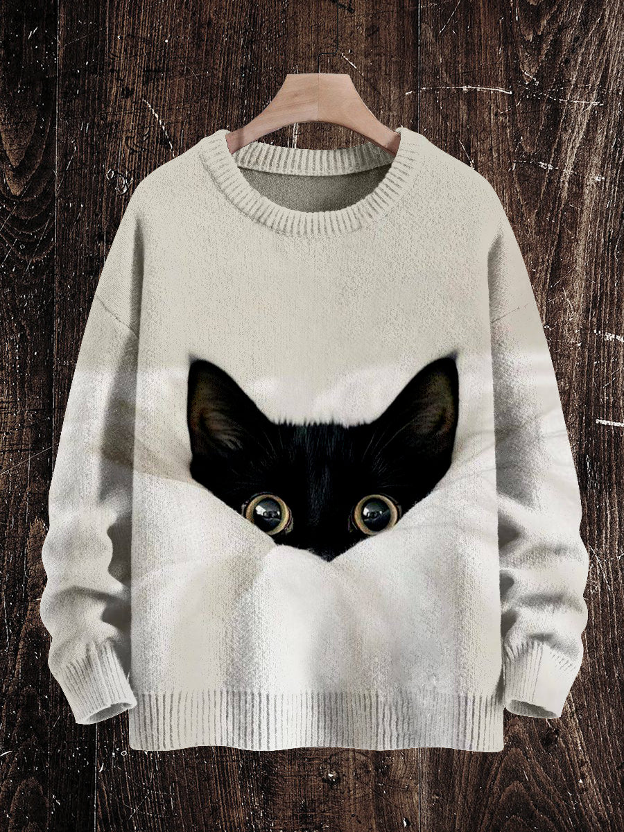 Hide and Seek Black Cat Print Unisex Crew Neck Long Sleeve Knit Sweater