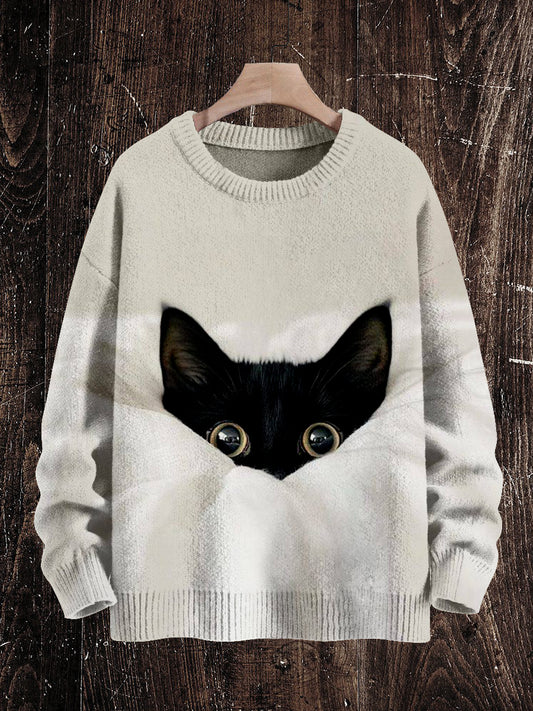 Hide and Seek Black Cat Print Unisex Crew Neck Long Sleeve Knit Sweater