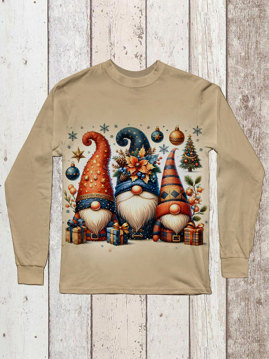 Christmas Gnome Vintage Print Unisex Crew Neck Long Sleeve Casual T-Shirt