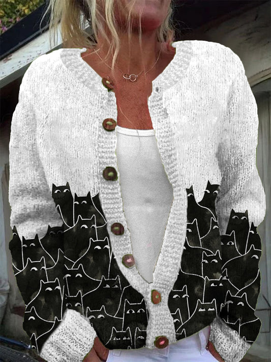 Women's Fun Cat Pattern Casual Warm Button Cardigan