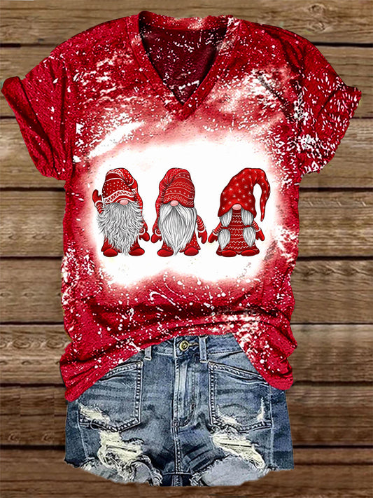 Unisex Christmas Gnome Print Casual V-Neck Short Sleeve T-shirt