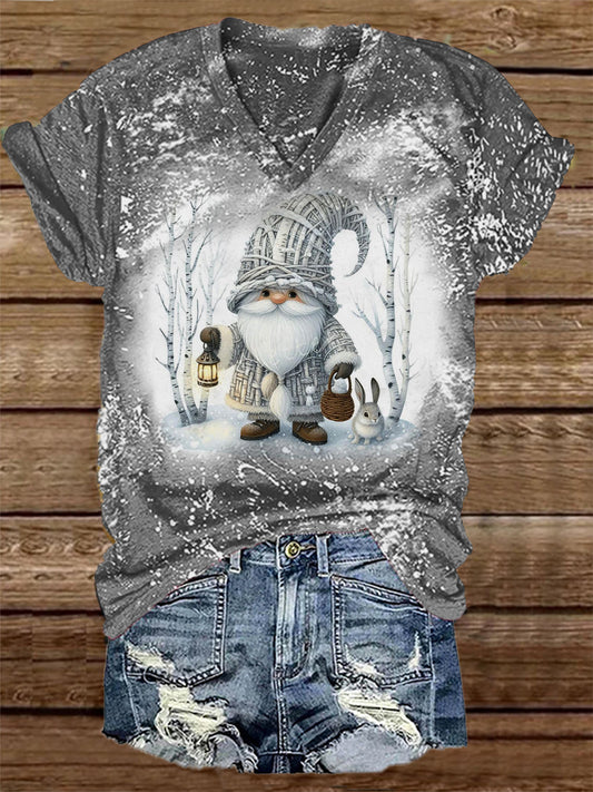 Unisex Christmas Gnome Print Casual V-Neck Short Sleeve T-shirt