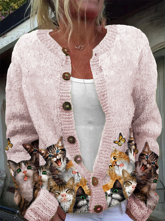 Women's Fun Cat Butterfly Pattern Casual Warm Button Cardigan